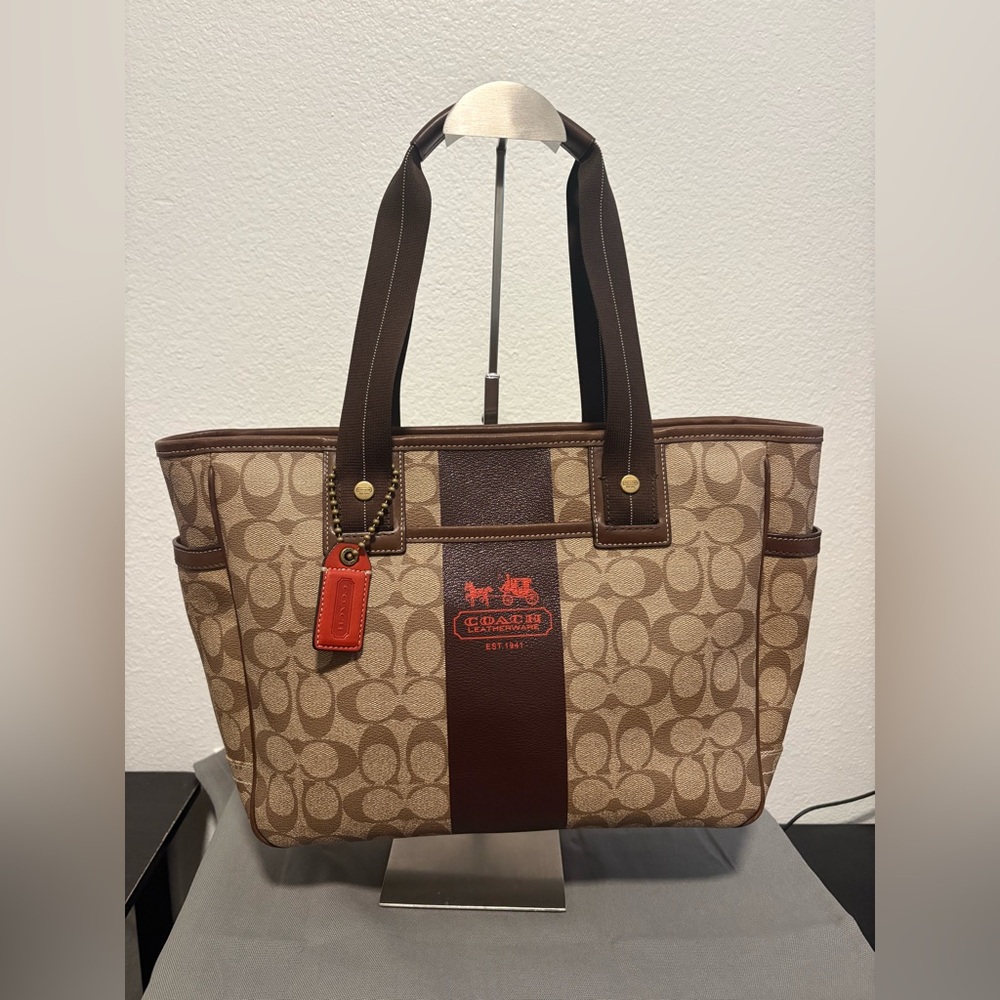 Coach Signature Canvas Tote in Brown, Tan and Red Accent